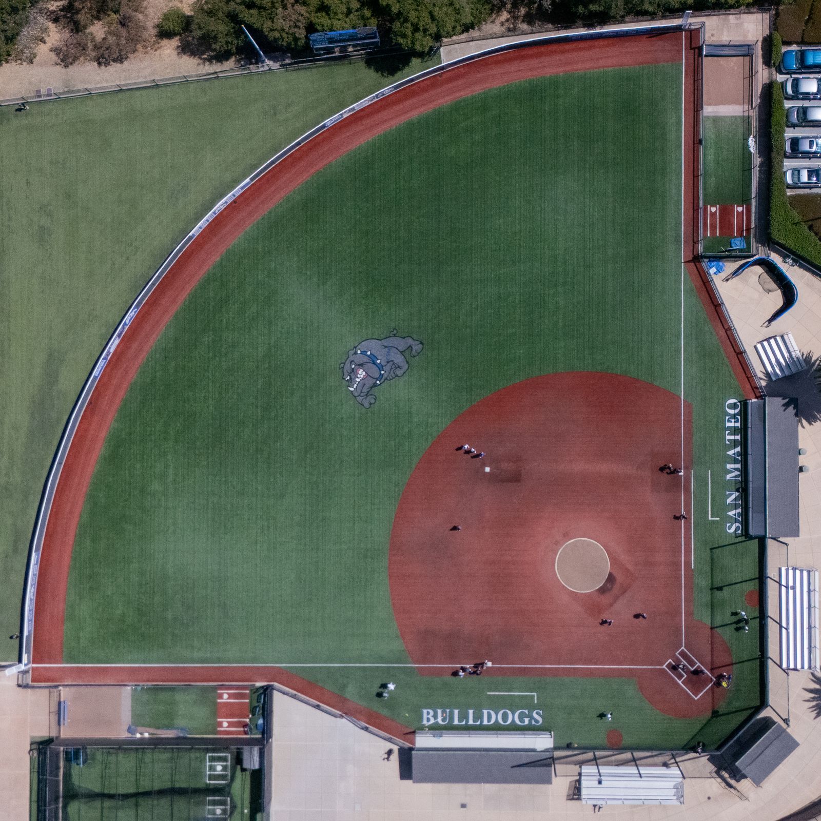 Aerial view of baseball field with bright green turf